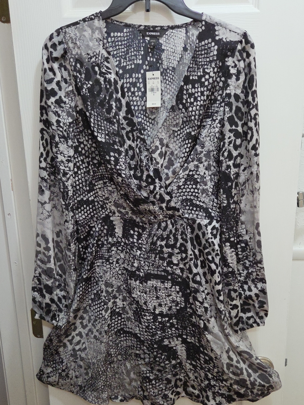 Black & Gray Animal Print Long Sleeve Wrap Dress